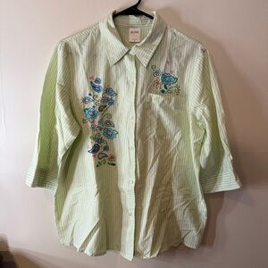 Blair Green Striped Button Down Shirt with Floral Embroidery